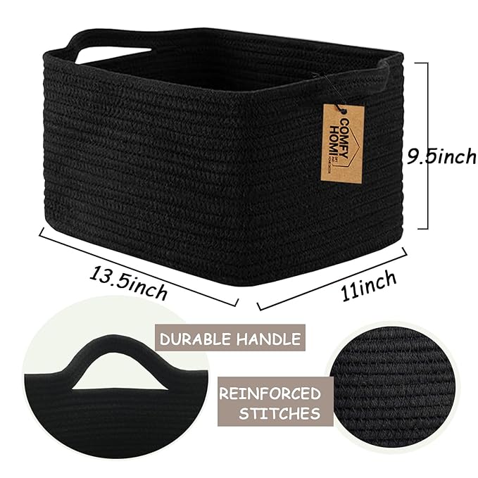 COMFY-HOMI Storage Basket for Shelves, Woven Baskets for Storage, Cotton Rope Basket,Toy Storage Organizer, Storage Cube Bin, Organization and Storage, Towel Baskets for Gift Empty, All Black-Ruum Studio Home