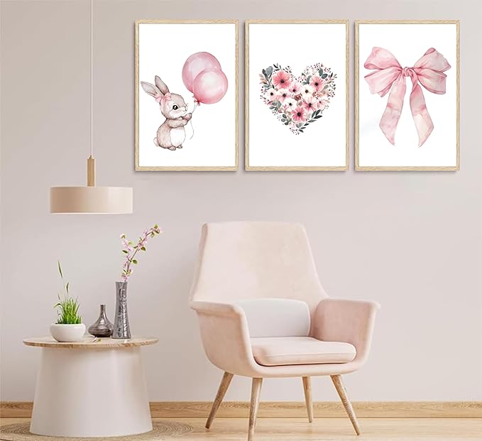 3Pcs Cute Bunny Canvas Wall Art Pink Bow Easter Poster Prints Love Wildflowers Picture Decoration for Nursery Girl Bedroom Children's Room Easter Gifts for Kids Unframed-Ruum Studio Home