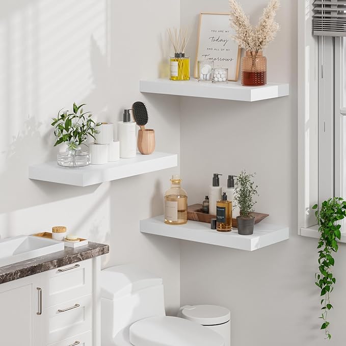 Heimlove 12" Deep White Floating Shelves for Wall, 24 Inch Wall Shelf Bathroom Shelves Set of 2, Wall Mounted Shelves for Books Living Room Laundry Room Bedroom Kitchen Home Office-Ruum Studio Home