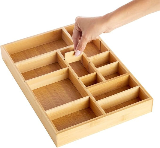 Juvale Drawer Organizer Tray - 14 x 10 x 2 In Brown Bamboo - 8 Adjustable Dividers for Custom Storage - Silverware & Utensil Organizer - Desk Drawer Divider - Versatile Wooden Divided Tray-Ruum Studio Home