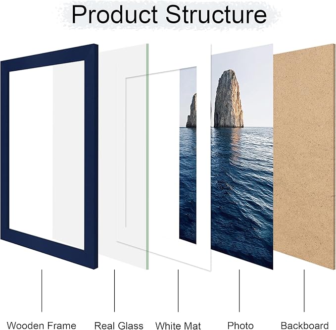 10x14 Picture Frame Set of 4, 10 x 14 Wood Photo Frames with Mat for 8x12 or 30x40cm Diamond Painting Art, Wooden Frame with Real Glass Cover for Wall and Tabletop Display,Blue-Ruum Studio Home