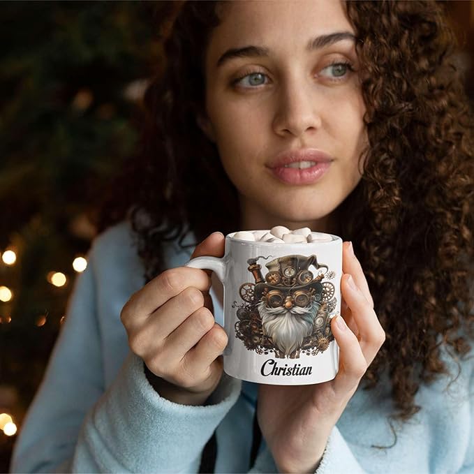Custom Mechanical Art Mug 15oz, Personalized Steampunk Gnome Coffee Mug, Customized Name Ceramic Cup, Fantasy Enthusiasts Mug, Gnome White Mug With Steampunk Themed, Gift For Men-Ruum Studio Home