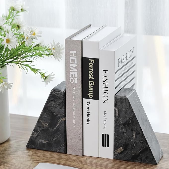 Marble Bookends for Heavy Books, Decorative Book Ends for Shelves, Titanium Black Stone Durable and Heavy-Duty Book Ends for Hardback Books & CDS, Unique Book Stopper & Holder, Set of 2-Ruum Studio Home