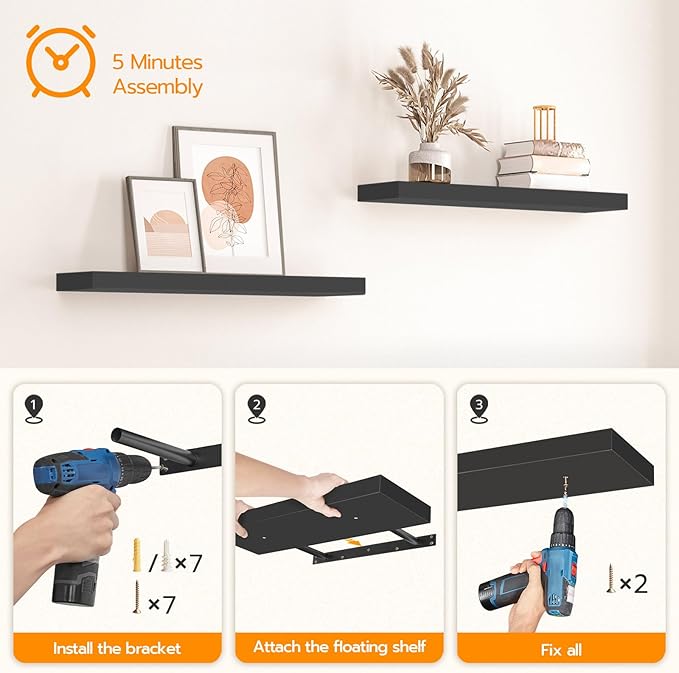 HOOBRO Floating Shelves for Wall, Wall Mounted Shelf Set of 2, 31.5" Hanging Shelf with Invisible Brackets, for Wall in Bathroom, Bedroom, Toilet, Kitchen, Living Room, Office, Black BK80BJP201-Ruum Studio Home