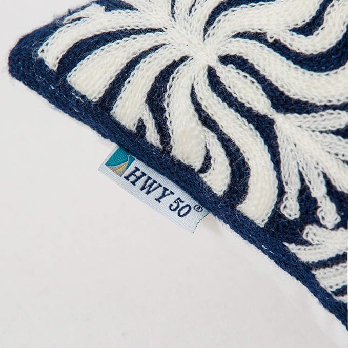 HWY 50 Navy Blue Decorative Lumbar Pillow Cover Rectangle 12x20 Inch (1 Piece), Embroidered Cotton Farmhouse Cushion Cover Pillow Case for Sofa Couch Living Room Bed, Minimalist Floral-Ruum Studio Home