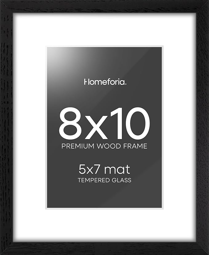 Homeforia 8x10 Picture Frame Black Wood, High End Oak 8 x 10 Wooden Frames with Mat 5 by 7 Print, 8x10 Frame Matted to 5x7 inch Photo, 8by10 Wall or Tabletop Frames, Tempered Glass, Wall Kit, Set of 1-Ruum Studio Home