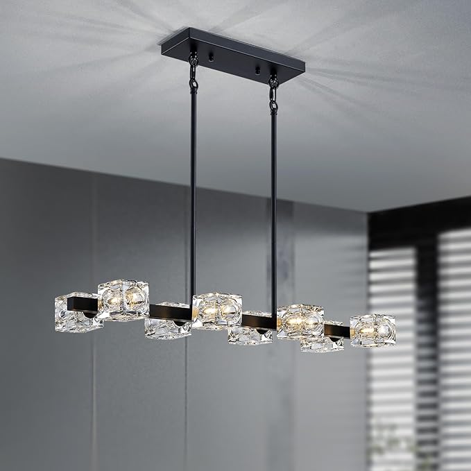 XINGQI Modern Chandeliers for Dining Room Over Table, 8-Light Rectangular Kitchen Island Light Fixture, Linear Farmhouse Metal Glass Black Vintage Hanging Lamp for Living Room Bar-Ruum Studio Home