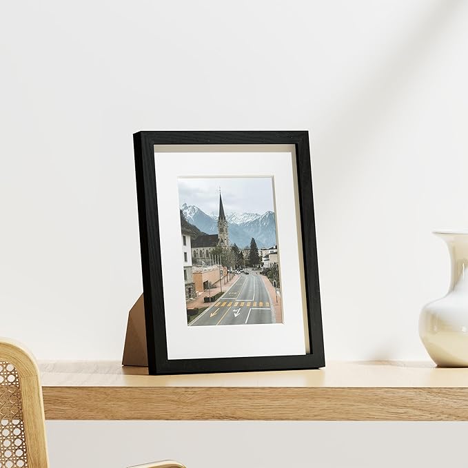 Vittanly 8.5x11 Picture Frames Set of 9, Shatter Resistant Plexiglass, Display 6x8 Pictures with Mat or 8.5x11 without Mat, Photo Frames for Wall or Tabletop, Engineered Wood, Black-Ruum Studio Home