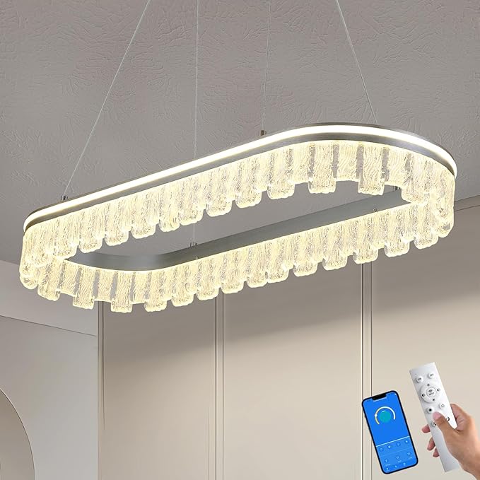 Modern Pendant Lights Kitchen Island, 35.5" Dimmable LED Elliptical Runway Light Fixture Silvery Gray Aluminum Bar Lights Hanging for Dining Room, Kitchen, Restaurant, Living Room-Ruum Studio Home