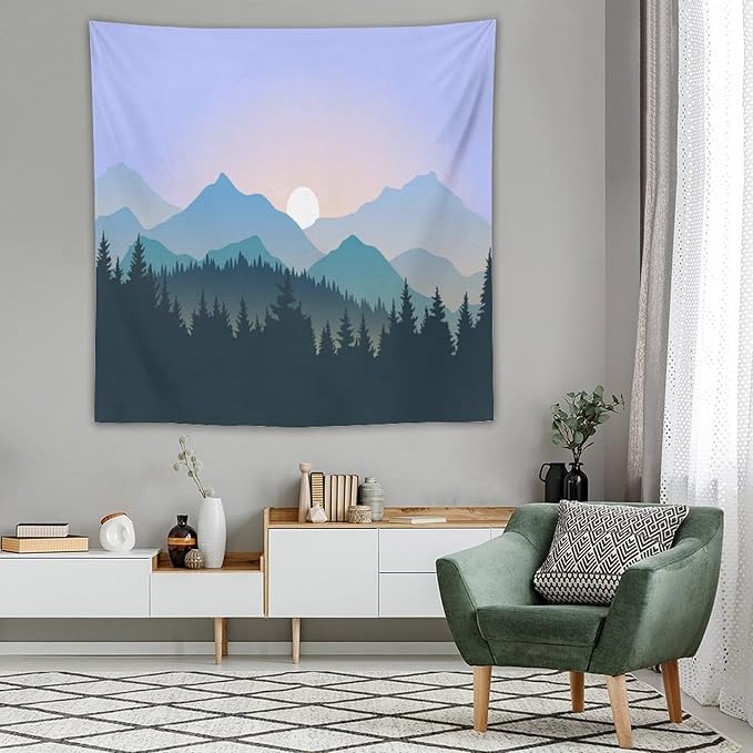 HZOHNAGO Mountain Tapestry Forest Mountain Sunrise Pattern Printed Wall Tapestry Wall Hanging for Bedroom Living Room Dorm 60" W x 60" H-Ruum Studio Home