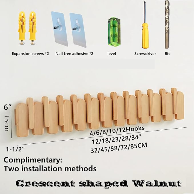 Wall Mounted Piano Key Hanger | Flip Style Hook | Entrance Wall Art Hook, Made of Oak Wood (3 Times Painted, 4 Times Polished) (Arc Beech, 10Hooks)-Ruum Studio Home