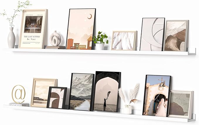 Heimlove Picture Ledge Shelf, Floating Shelves Set of 2, 72 Inches Long Large Picture Shelf for Wall with Ledge, Kids Bookshelf Wall Mounted for Living Room Bedroom Decor Books Photo Frames, White-Ruum Studio Home