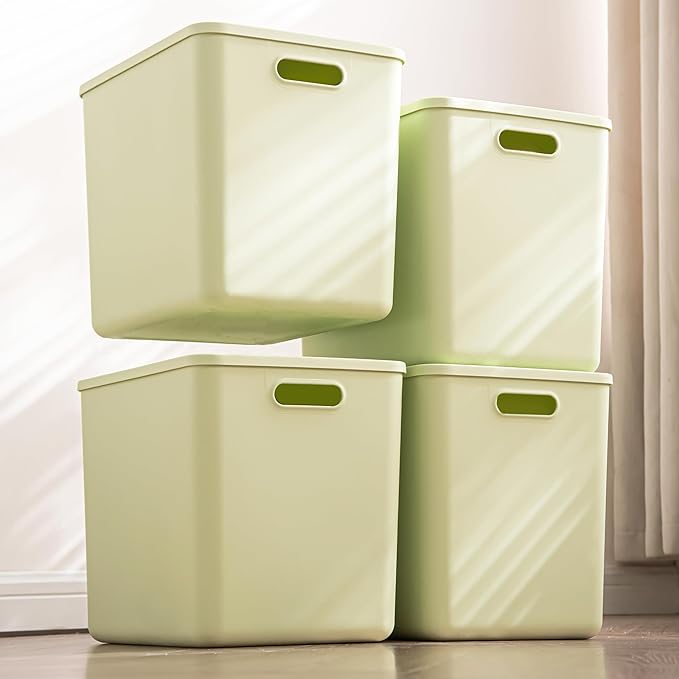 4 pack large plastic White storage bins Baskets, Toy Box Chest with Lids and Handle，Organizer Containers for Baby，Kids,snacks,Nursery，Shelves，Playroom, Bedroom，Office,Closet，home-Ruum Studio Home