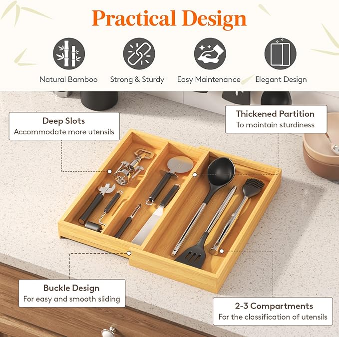 Lifewit Utensil Drawer Organizer, Expendable Cooking Silverware Tray for Kitchen Drawer, Bamboo Adjustable Cutlery Flatware Holder, Spatula Tools and Gadgets Storage Divider, 3 Compartments, Natural-Ruum Studio Home