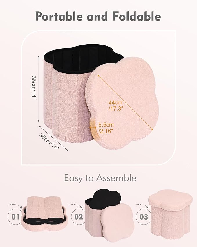 B FSOBEIIALEO Storage Ottoman Cube, Flowers Shaped Ottomans with Storage Foot Stool Footrest, Boucle Ottoman Seat for Dorm Room, Faux Teddy Fur, Pink 15"x15"x15"-Ruum Studio Home