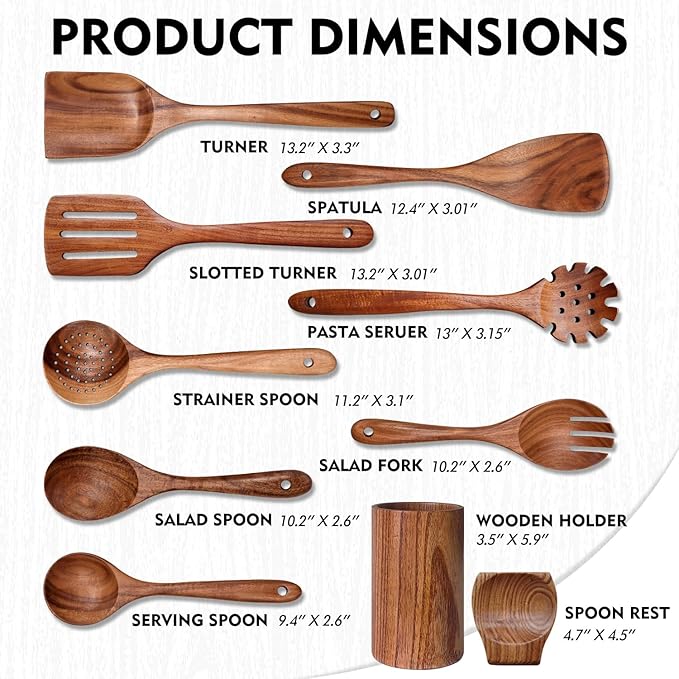 Wooden Spoons for Cooking 10 Pieces Set, Teak Kitchen Utensils Spatula, Wooden Cooking Utensils Spoons, with Spoon Rest, Strainer Spoon, Pasta server, Fried Spatula and Salad Fork, Utensil Holder-Ruum Studio Home
