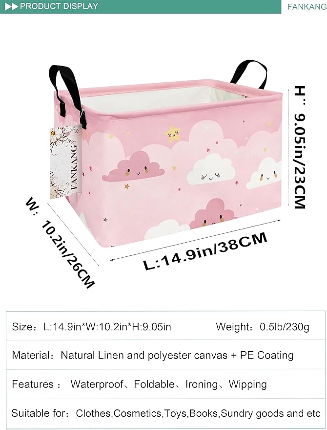 FANKANG Storage Bins, Nursery Hamper Canvas Laundry Basket Foldable with Waterproof PE Coating Large Storage Baskets for Kids Boys and Girls, Office, Bedroom, Clothes,Toys(Rec-pink cloud ）-Ruum Studio Home