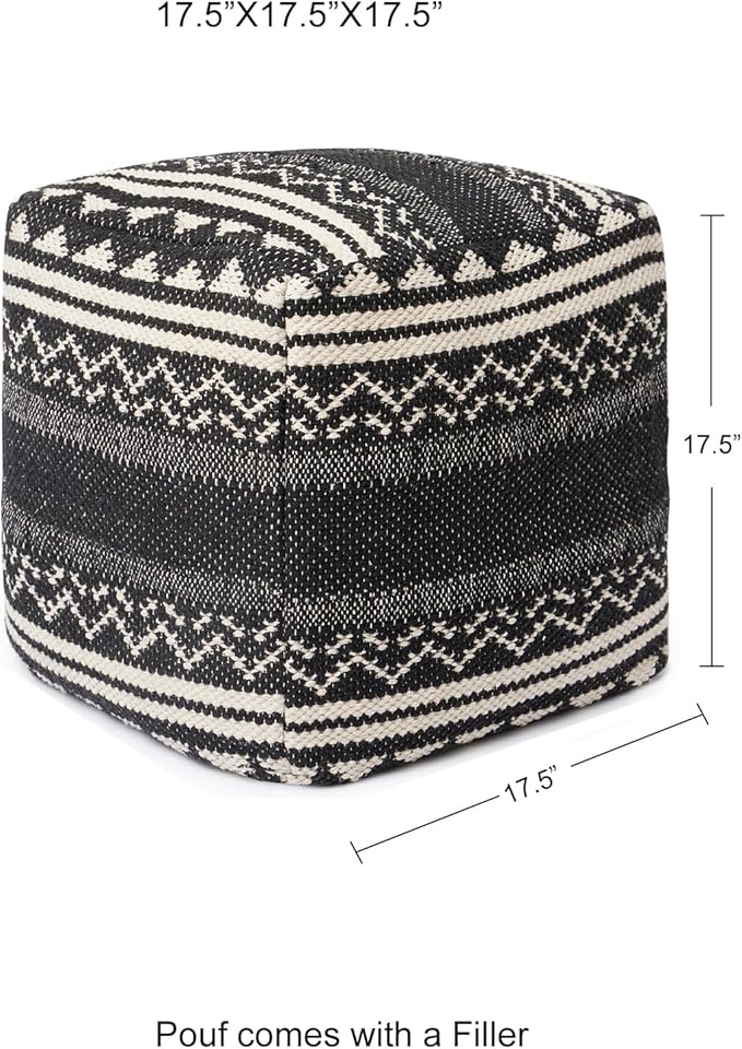 REDEARTH · Tufted Pouf Ottoman with Filler Textured Storage Cube Bean Bag Pouffe Footrest for Living Room, Bedroom, Nursery, Kidsroom; 100% Cotton (17.5"X17.5"X17.5", Ziggurat Obsession Black)-Ruum Studio Home