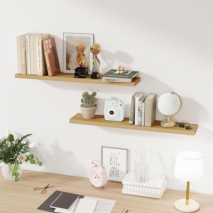 Fun Memories Floating Shelves for Wall, 36" Rustic Wood Deep Wall Mounted Shelves with Invisible Brackets for Decor & Storage, Floating Shelf for Living Room, Bathroom (Oak, Set of 2)-Ruum Studio Home