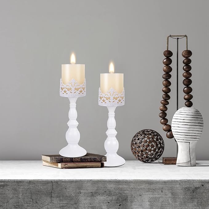 Candle Holders for Pillar Candles Gothic Matte Black Vintage Tall Candle Holders Set of 2 Decorative Large Table Centerpieces Candle Stand Decor (White 2PCS A)-Ruum Studio Home