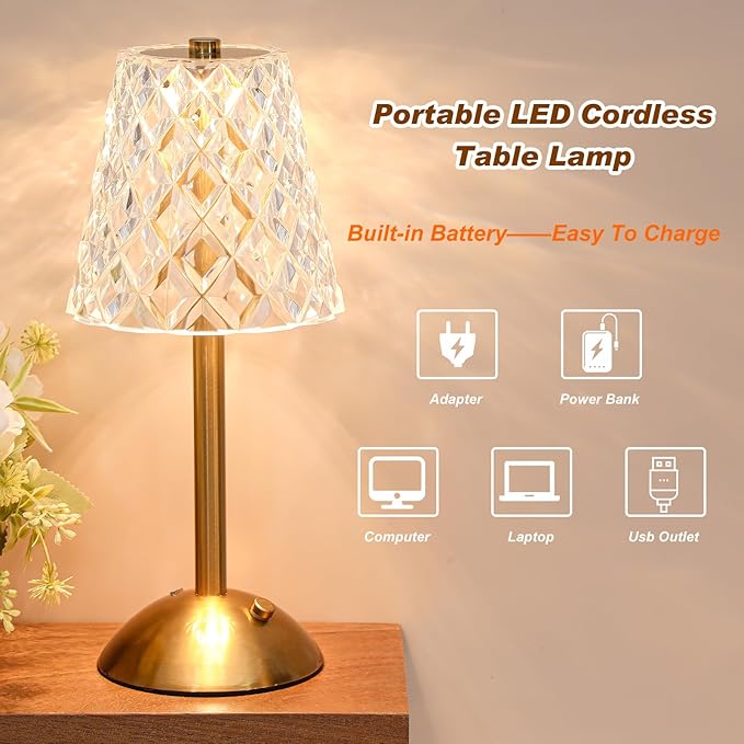Liliful 2 Pcs LED Portable Cordless Table Lamp Touch Battery Operated Rechargeable Desk Lamp 3 Color Dimmable for Bedroom Living Room Dining (Diamond Style,Gold)-Ruum Studio Home