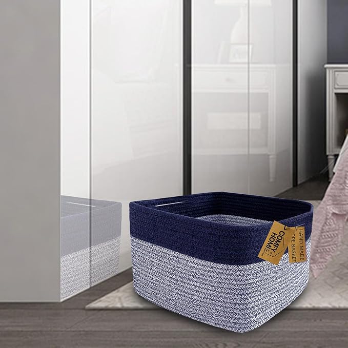 COMFY-HOMI 3PACK Rectangular Cotton Rope Basket With Handles for Shelves|Dog Toy|Baby Gift - Dark Blue (13.5" x 11" x 9.5")-Ruum Studio Home