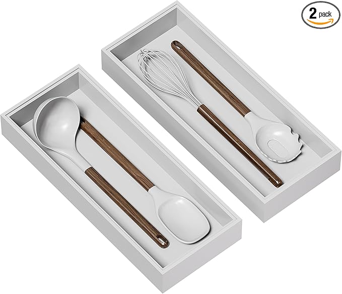 Kitchen Drawer Organizer - 2 Pack, Stackable Bamboo Drawer Organizers, Wooden Storage Box Tray for Cabinet, Pantry, Bathroom Countertop, Multi-use Organization and Storage (White)-Ruum Studio Home