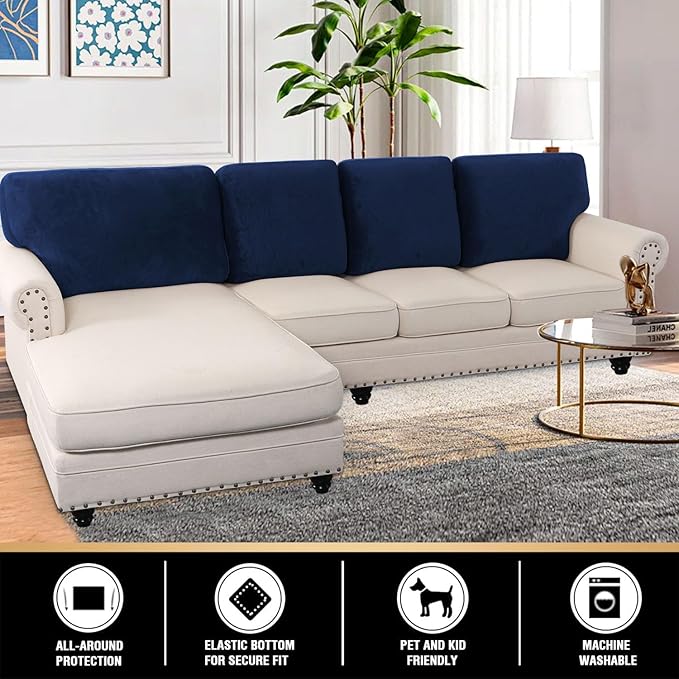 PrinceDeco Sectional Couch Covers Velvet Cushion Covers for Sectional Couch Washable Cushion Covers for Sectional Sofa Pet Friendly Sectional Sofa Slipcovers(1 Chaise Back+ 3 Sofa Back,Navy)-Ruum Studio Home