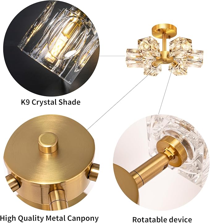 Semi Flush Mount Ceiling Light Fixture Modern 6 Lights Gold Crystal Chandelier,Brushed Nickel Sputnik Chandeliers for Hallway Entryway Bedroom Dining Room Farmhouse Kitchen Office-Ruum Studio Home