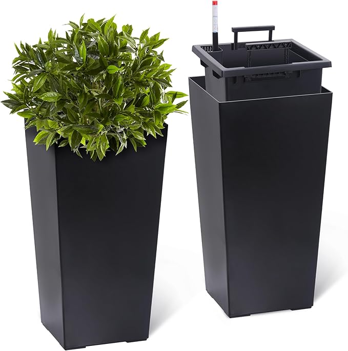 22.5" Tall Planters Set of 2, Outdoor＆Indoor Black Planter Pots, High Front Porch Planter Pots with Drainage Holes＆Water Level Monitor＆Inner Bucket, Automatic Watering, Black-Ruum Studio Home