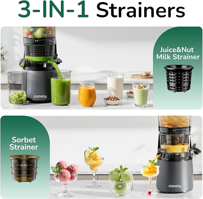 Canoly C16 Cold Press Juicer, 6" Extra Wide Feed Chute, 3-IN-1 Strainers (Juice & Sorbet & Nut Milk), Powerful AC Brushless Motor, Self Precut System, Juicer Machines with BPA-Free (Space Gray)-Ruum Studio Home