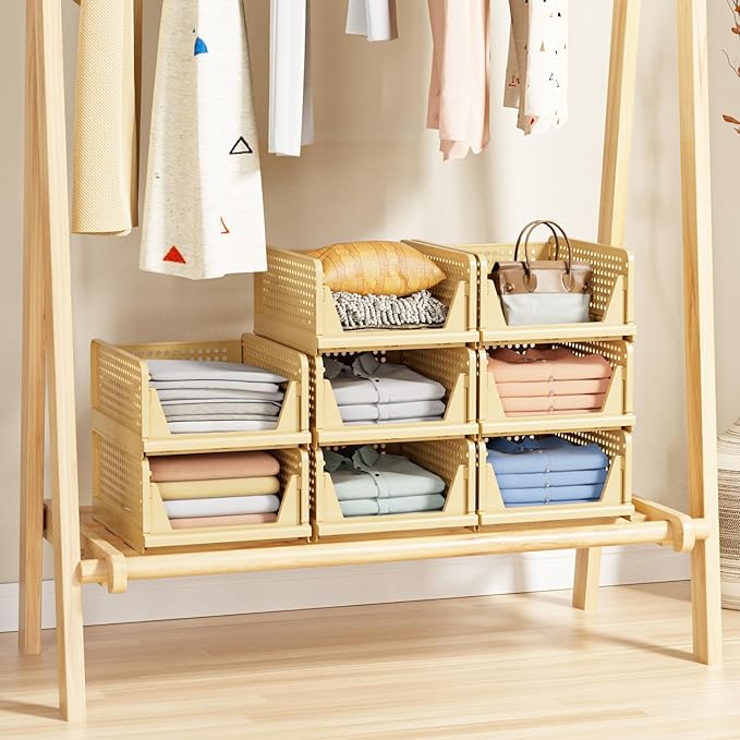 5 Pack Stackable Closet Storage Basket - Stackable Storage Bins, Multifunctional & Foldable Closet Organizer, Wardrobe Cupboard Space-Saving Hat Storage Drawer Organizer, Yellow-Ruum Studio Home