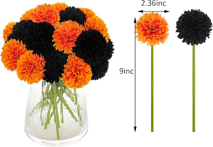 Kimura's Cabin 20Pcs Faux Mums Flowers Fake Chrysanthemum Artificial Silk Ball Flowers for Halloween Garden Home Kitchen Table DIY Decoration Center Fall Bouquets (Orange Black)-Ruum Studio Home