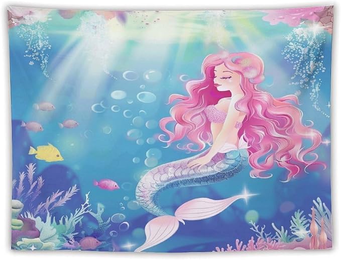 HZOHNAGO Mermaid Girls Tapestry Watercolor Mermaid Princess Pink Hair Pattern for Kids Room Decoration Printed Wall Tapestry Wall Hanging for Bedroom Living Room Dorm 80" W x 60" H-Ruum Studio Home