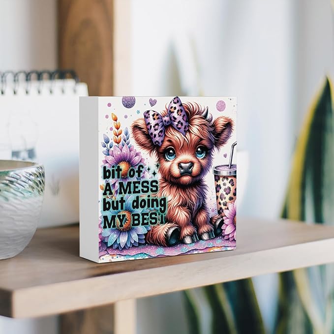 Highland Cow Baby Decor, Highland Cow Sunflower Decor, Highland Cow Gifts for women, Highland Cow Nursery Decor, Wooden Box Decor Sign for Home Farmhouse Office Living Room Table Shelf Tiered-Ruum Studio Home