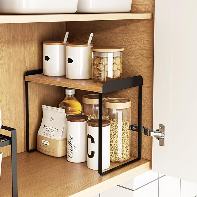 Mitus Shelf Organizer and Storage, Tiered Wood Cabinet Rack for The Kitchen Counter, Bathroom Counter, Pantry Cupboard, Office Desk Bookshelf, 16" Wide Natural and Black-Ruum Studio Home