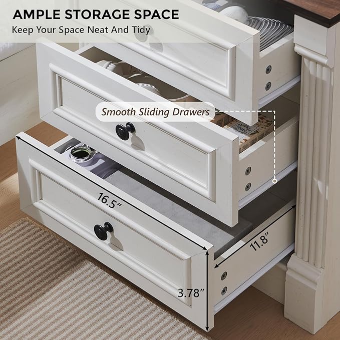 26" Tall Farmhouse Nightstand, 3 Drawers End Table w/Charging Station, 23.6" Wide Large Side Table w/Roman Column, Wood Rustic Sofa Table for Bedroom, White-Ruum Studio Home