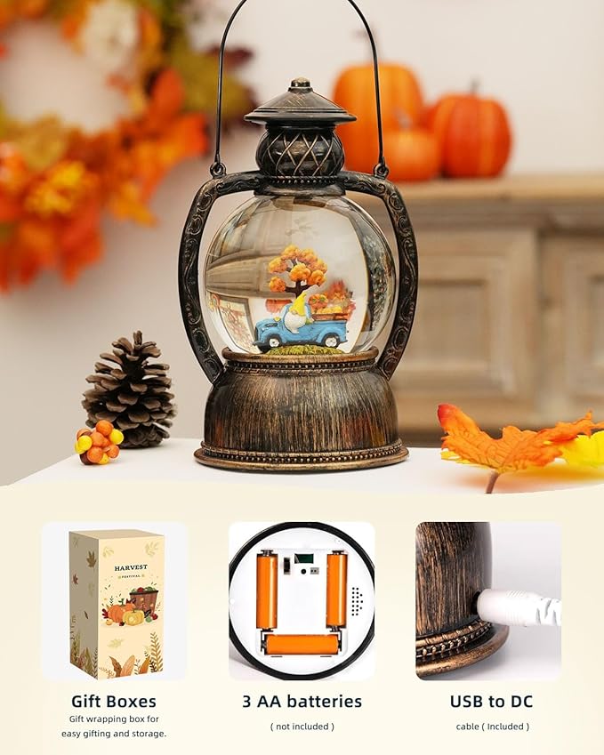 Fall Snow Globes, Blue Truck Pumpkin and Gnome Scene Snow Globes, Glittering Lantern with Timer, Snow Globe Lantern USB or Battery Powered for Fall Festival Thanksgiving Day Decor-Ruum Studio Home