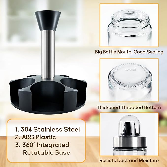 Mlici Oil and Vinegar Dispenser Set of 6 Bottles, Stainless Steel Salt Pepper Holder with 360° Rotating Holder, Cruet Soy Sauce - Premium Glass Condiment for Kitchen, Tabletop, Kitchen Containers-Ruum Studio Home
