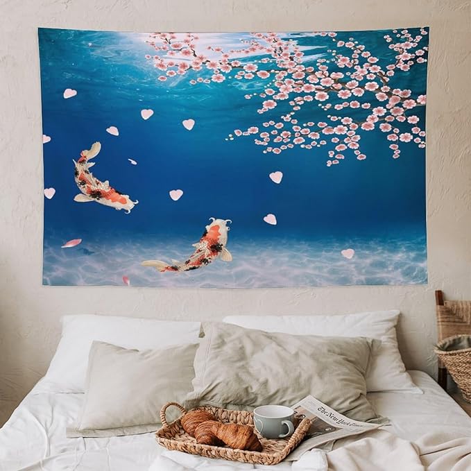 Japanese Koi Fish Tapestry, Cherry Blossoms Asian Oriental Blue Floral Branch Koi Fish Carp Tapestries Wall Hanging for Bedroom Living Room Office Decor 60"x40"-Ruum Studio Home