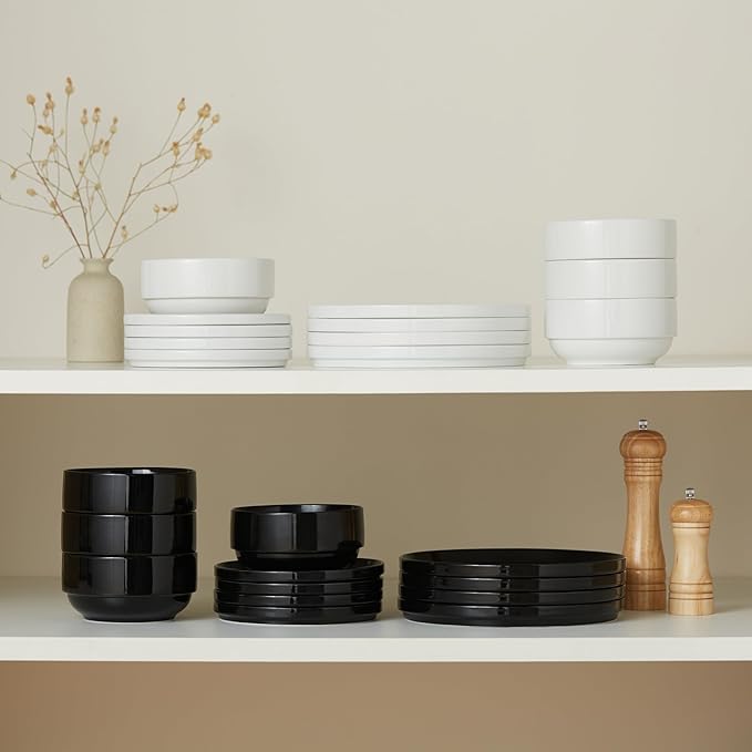 Ceramic Dinnerware Set, 12-Piece Service for 4, Soup Bowls (31.5 oz), Salad Plates (7.5"), Dinner Plates (10.5"), Round, Microwave and Dishwasher Safe, White, Cambridge Classics-Ruum Studio Home