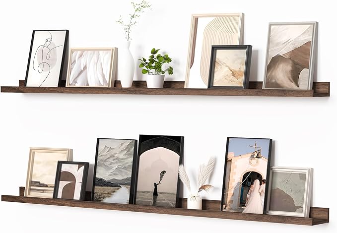 Heimlove Picture Ledge Shelf, Floating Shelves Set of 2, 56 Inches Picture Shelf for Wall with Ledge, Kids Bookshelf Wall Mounted for Living Room Bedroom Decor Books Photo Frames, Walnut-Ruum Studio Home