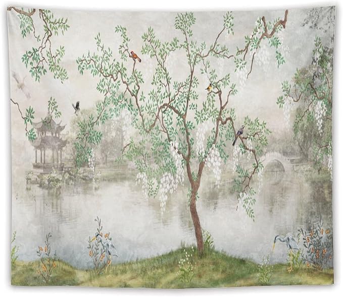 HZOHNAGO Japanese Tapestry Tree Misty Garden Lake Printed Wall Tapestry Ink Painting Wall Hanging for Bedroom Living Room Dorm 60" W x 50" H-Ruum Studio Home