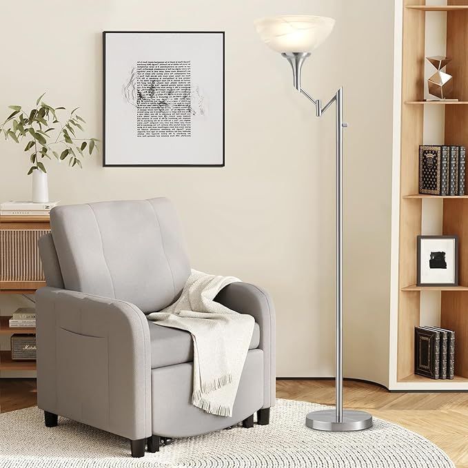 Floor Lamps for Living Room Silver, 70" Tall Standing Lamp with Glass Shade, Bedroom Floor Lamp with 350°Adjustable Swing Arm Lamp, Pole lamp for Bedroom, Living Room, Office, Bulbs Included-Ruum Studio Home