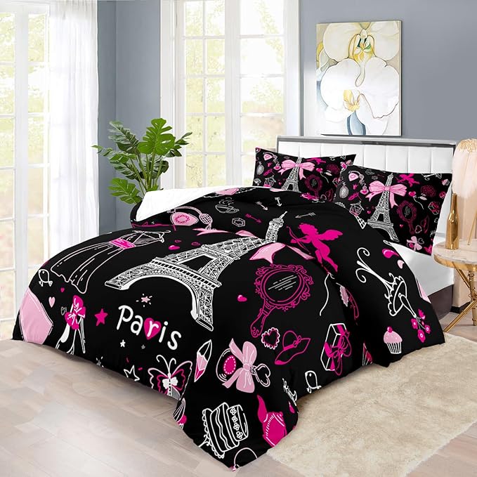 Eiffel Tower Comforter Set Full Size,Eiffel Tower Bedding Set for Girls, Pink and Black Paris Themed Comforter Bedroom Decor,Paris Quilt French Style Romantic Bedding-Ruum Studio Home