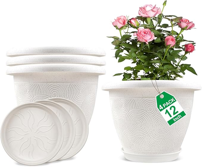 Plastic Flower Pots Planters for Indoor Plants, 4 Pack 12 Inch White Plant Pots with Drainage Hole & Tray, Modern Decorative Large Plant Pot with Saucer for Indoor Outdoor Plants Garden House Planter-Ruum Studio Home