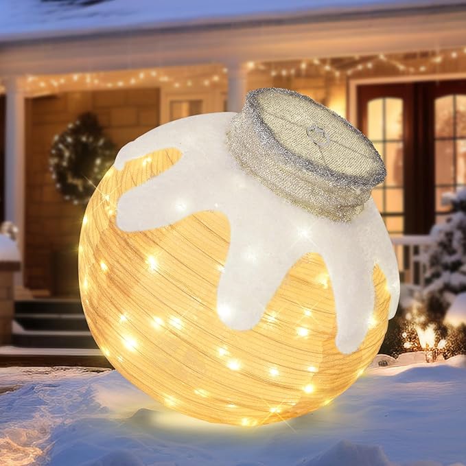 BRIGHTDECK Outdoor Christmas Ornaments, Lighted Pop-Up Outdoor Holiday Ball Decoration with 80 LED Lights, 8 Light Modes, Lighted Collapsible Holiday Decorations for Yard, Home(Beige)-Ruum Studio Home