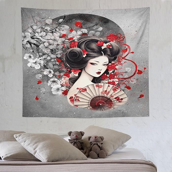 Japanese Geisha Tapestry Asian Red Cherry Blossom Red Sun Traditional Kimono Folk Tapestries Home Decor for Living Room Bedroom Apartment Farmhouse Dorm 60"x50"-Ruum Studio Home