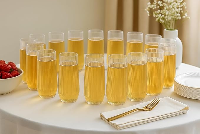 24 Pack Ribbed Ripple Stemless Toasting Glasses, Origami Durable 9 Oz BPA-Free Disposable Plastic Champagne Flutes for Weddings, Bars, Events, and Celebrations (Clear)-Ruum Studio Home