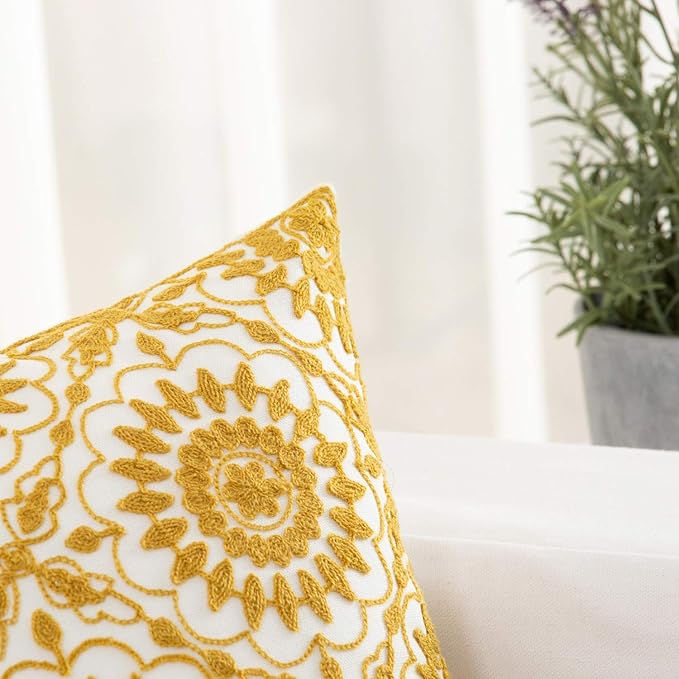 HWY 50 Mustard Yellow Decorative Throw Pillow Covers 18x18 Inch, Pack of 2 Embroidered Cotton Farmhouse Cushion Cover Pillow Case for Sofa Couch Living Room Bed Bedroon, Little Sunflower Design-Ruum Studio Home